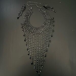 Black Rhinestone Dangling Choker Necklace with clip on Earrings